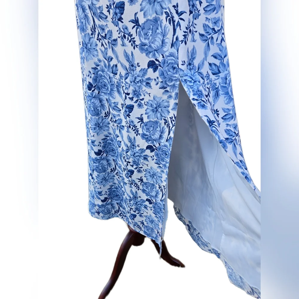 ​Petal & Pup Blue Floral Tie Strap Midi Dress Smocked Back Front Side Slit - Picture 7 of 16